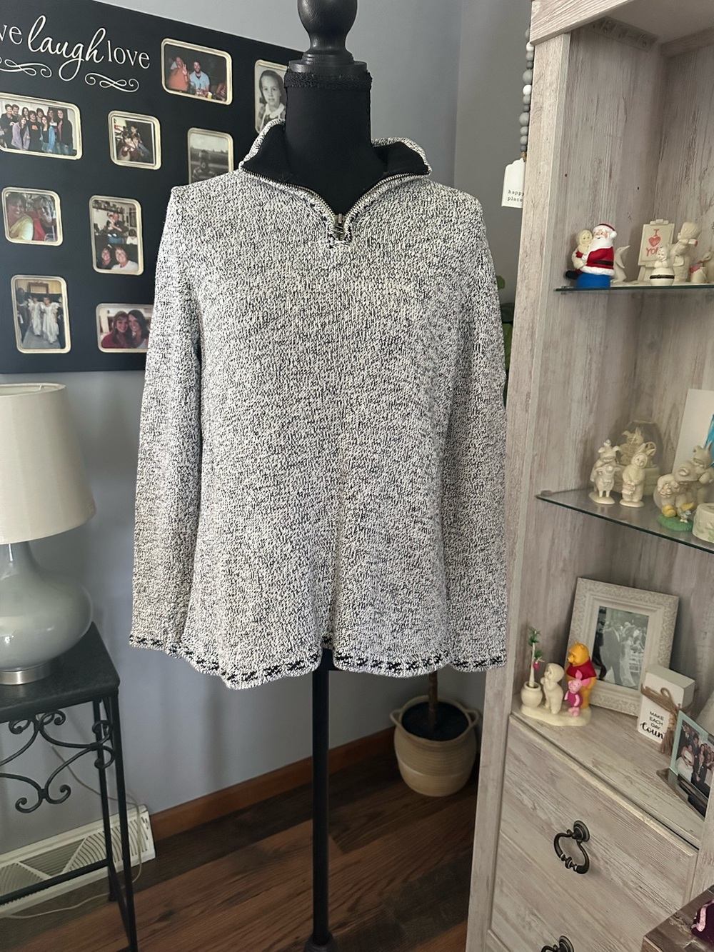 Christopher & Banks Black and White Marled Quarter-Zip Pullover